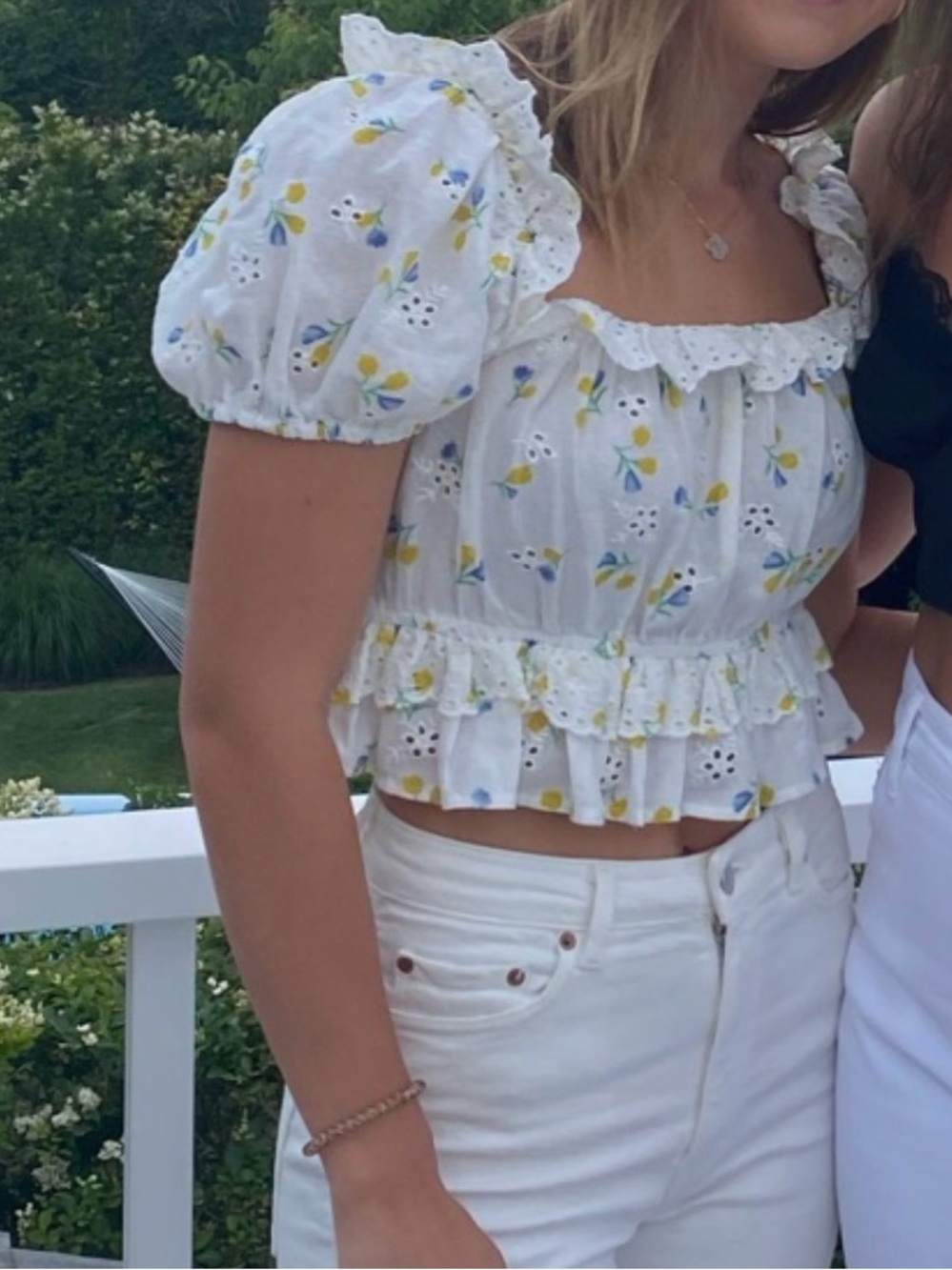 White Eyelet Puff-Sleeve Lemon Print Crop Top